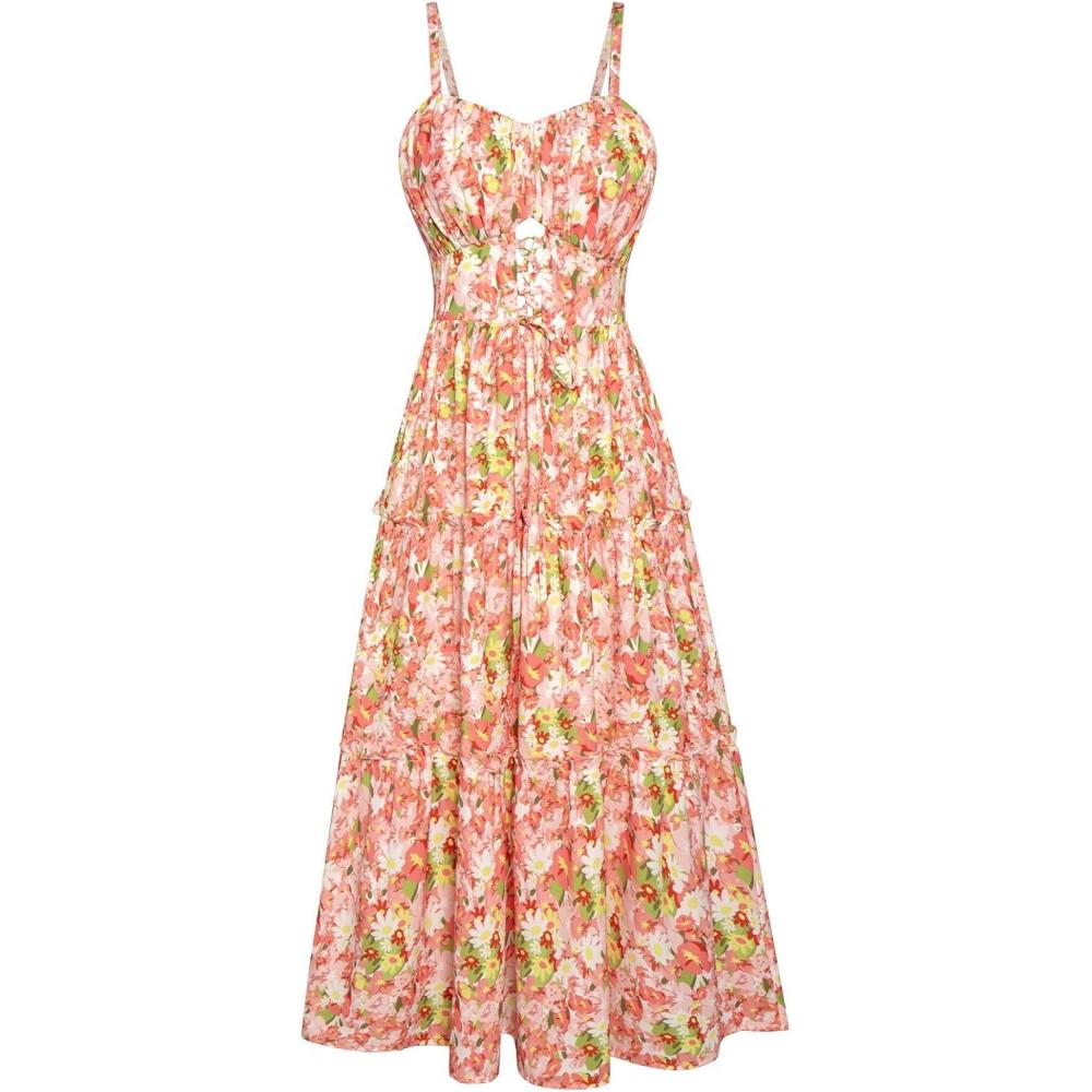 imageGRACE KARIN 2026 Womens Spaghetti Vacation Sundress Summer Beach Flowy Boho Floral Maxi Dresses with PocketsYellow White Floral