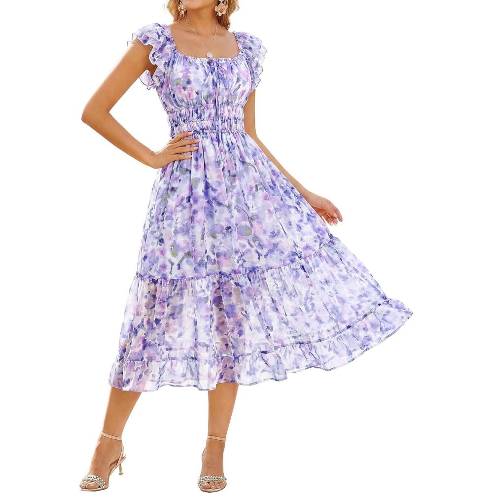 imageGRACE KARIN 2026 Womens Spring Floral Midi Dress Square Neck Beach Wedding Guest Dresses Flowy A Line Casual Summer ClothesLavender Floral