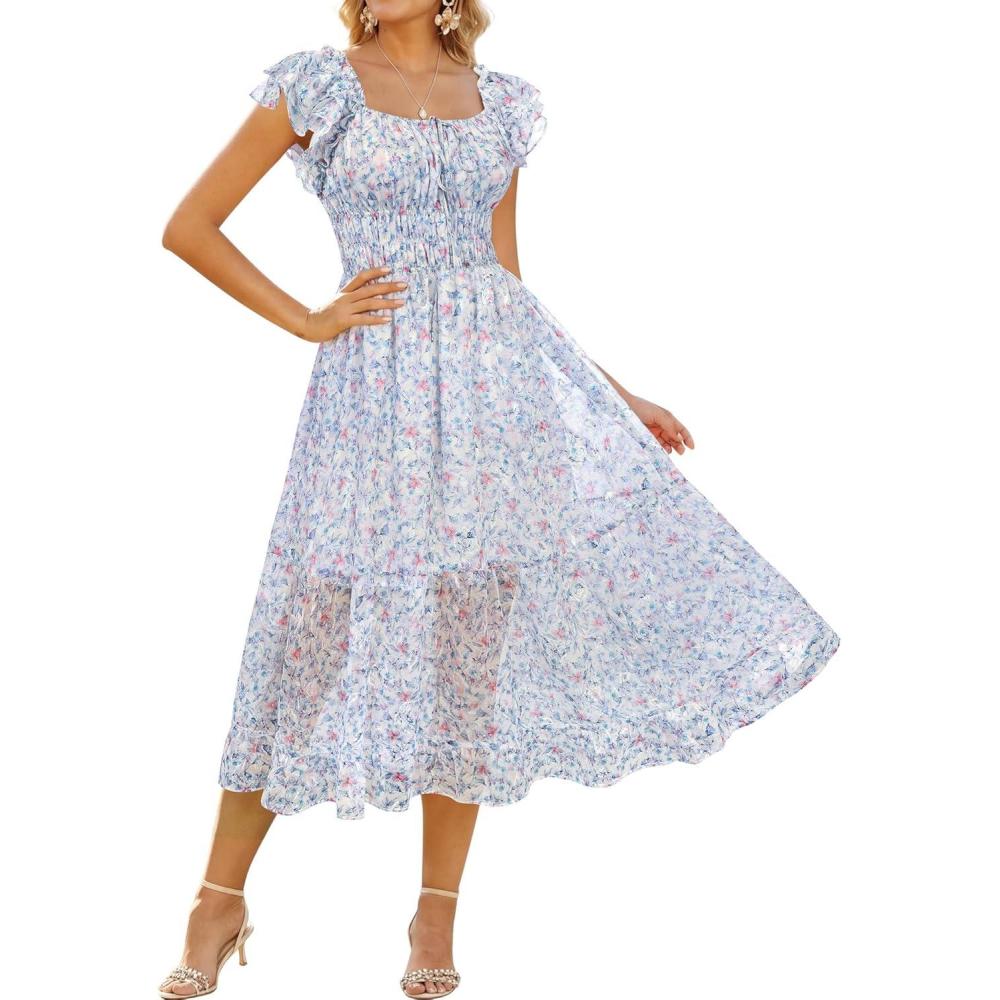 imageGRACE KARIN 2026 Womens Spring Floral Midi Dress Square Neck Beach Wedding Guest Dresses Flowy A Line Casual Summer ClothesLight Blue Floral