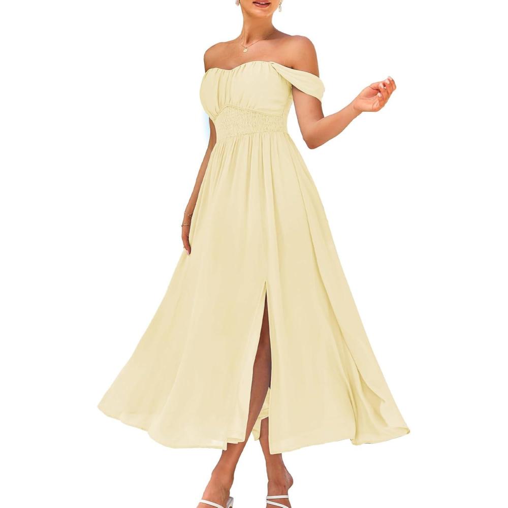 imageGRACE KARIN 2026 Womens Summer Floral Wedding Guest DressBeach Flowy A Line Maxi Off Shoulder Bridesmaid DressesApricot