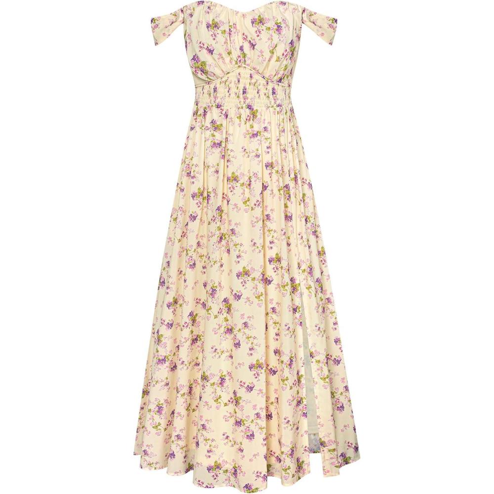 imageGRACE KARIN 2026 Womens Summer Floral Wedding Guest DressBeach Flowy A Line Maxi Off Shoulder Bridesmaid DressesBeige Purple