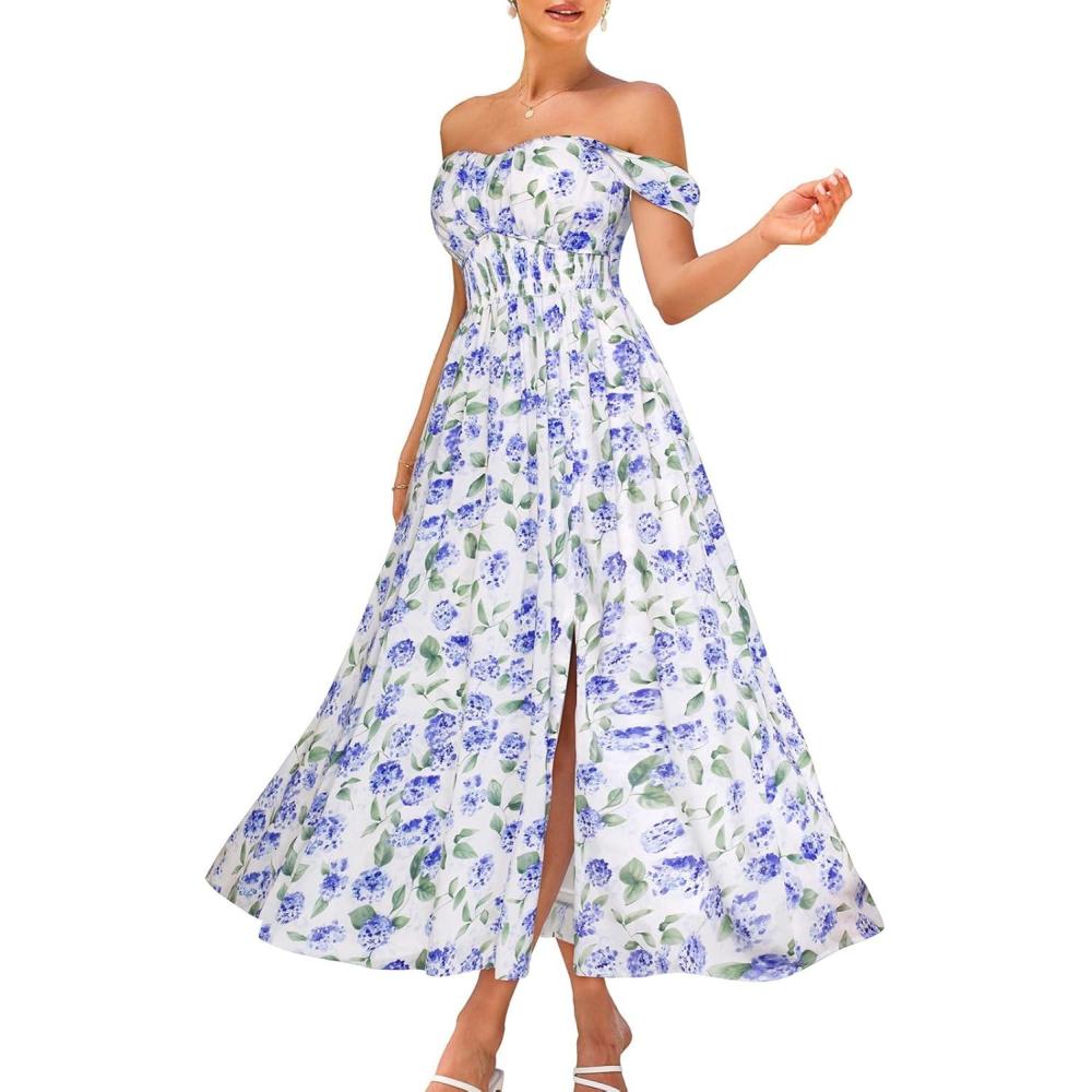 imageGRACE KARIN 2026 Womens Summer Floral Wedding Guest DressBeach Flowy A Line Maxi Off Shoulder Bridesmaid DressesBlue Hydrangea