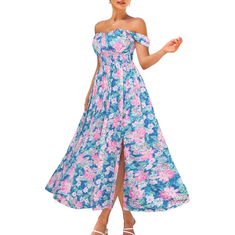 imageGRACE KARIN 2026 Womens Summer Floral Wedding Guest DressBeach Flowy A Line Maxi Off Shoulder Bridesmaid DressesBlue Pink