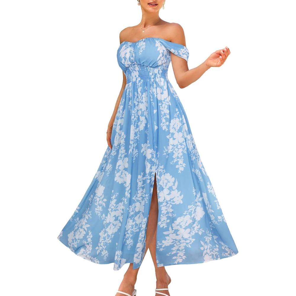 imageGRACE KARIN 2026 Womens Summer Floral Wedding Guest DressBeach Flowy A Line Maxi Off Shoulder Bridesmaid DressesBlue White