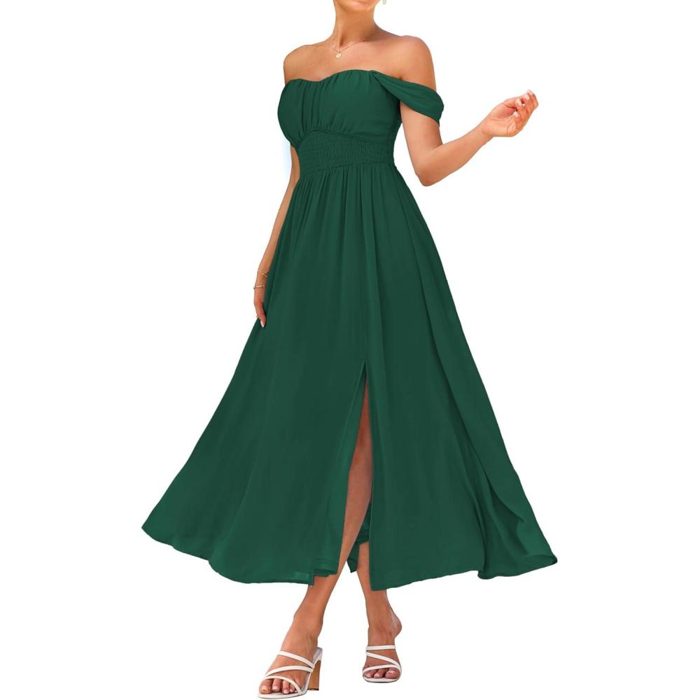 imageGRACE KARIN 2026 Womens Summer Floral Wedding Guest DressBeach Flowy A Line Maxi Off Shoulder Bridesmaid DressesDark Green