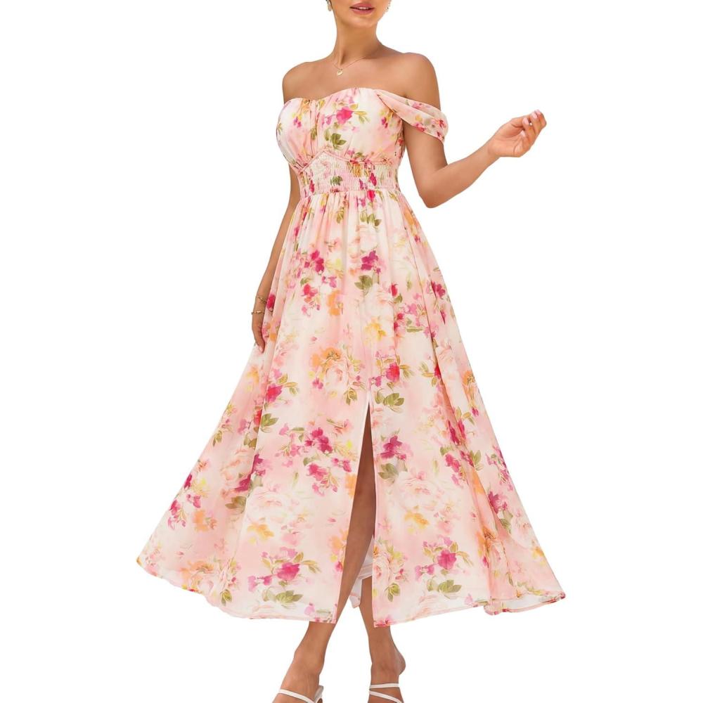 imageGRACE KARIN 2026 Womens Summer Floral Wedding Guest DressBeach Flowy A Line Maxi Off Shoulder Bridesmaid DressesFloral Pink