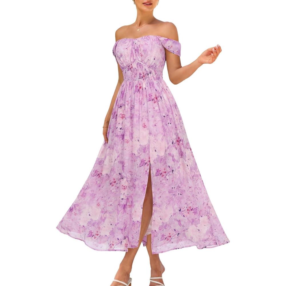 imageGRACE KARIN 2026 Womens Summer Floral Wedding Guest DressBeach Flowy A Line Maxi Off Shoulder Bridesmaid DressesFloral Purple