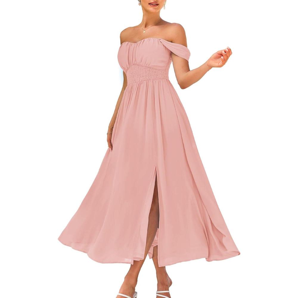 imageGRACE KARIN 2026 Womens Summer Floral Wedding Guest DressBeach Flowy A Line Maxi Off Shoulder Bridesmaid DressesLight Pink