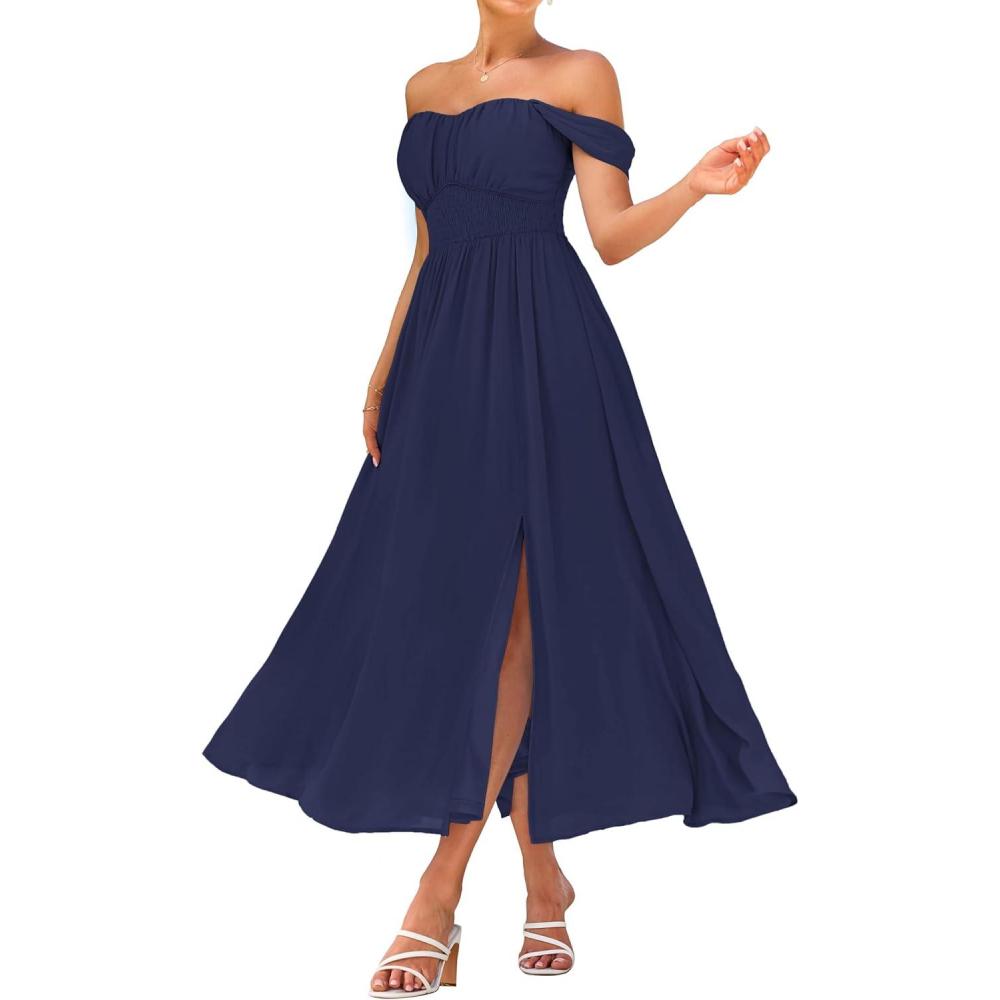 imageGRACE KARIN 2026 Womens Summer Floral Wedding Guest DressBeach Flowy A Line Maxi Off Shoulder Bridesmaid DressesNavy Blue