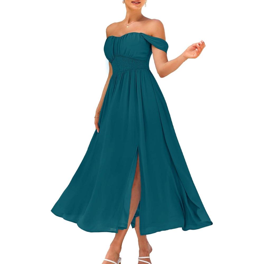 imageGRACE KARIN 2026 Womens Summer Floral Wedding Guest DressBeach Flowy A Line Maxi Off Shoulder Bridesmaid DressesPeacock Blue