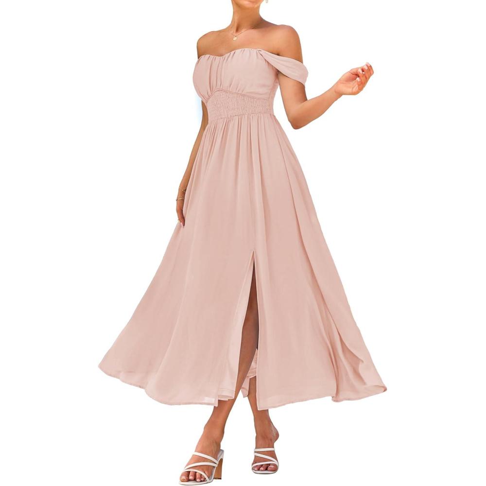 imageGRACE KARIN 2026 Womens Summer Floral Wedding Guest DressBeach Flowy A Line Maxi Off Shoulder Bridesmaid DressesPink Apricot