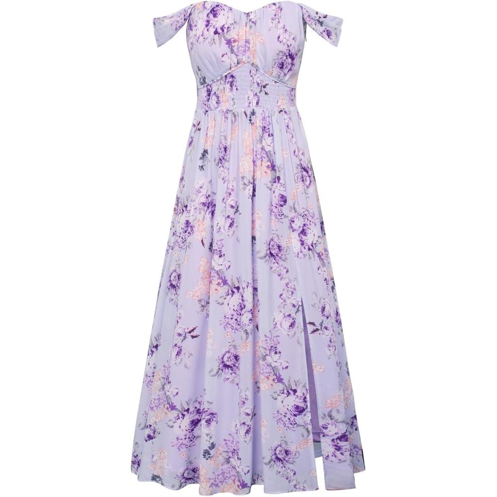 imageGRACE KARIN 2026 Womens Summer Floral Wedding Guest DressBeach Flowy A Line Maxi Off Shoulder Bridesmaid DressesPurple Floral