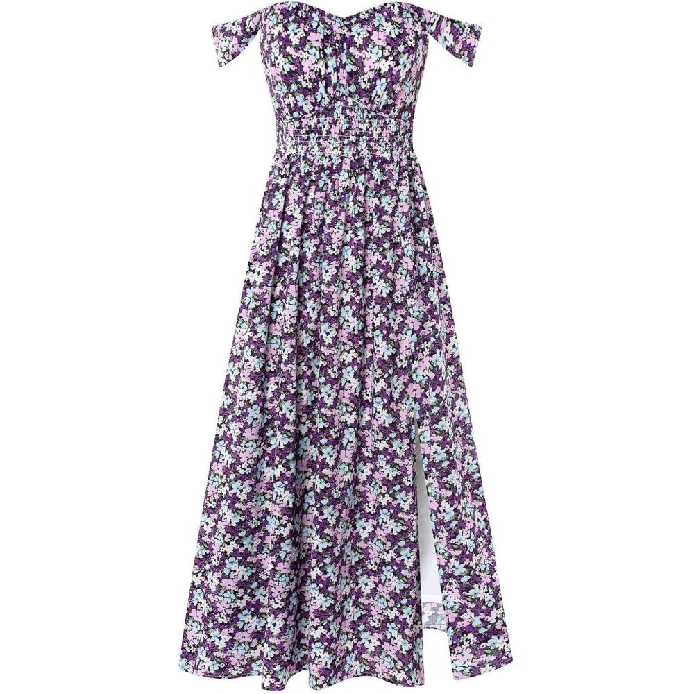 imageGRACE KARIN 2026 Womens Summer Floral Wedding Guest DressBeach Flowy A Line Maxi Off Shoulder Bridesmaid DressesPurple Flower