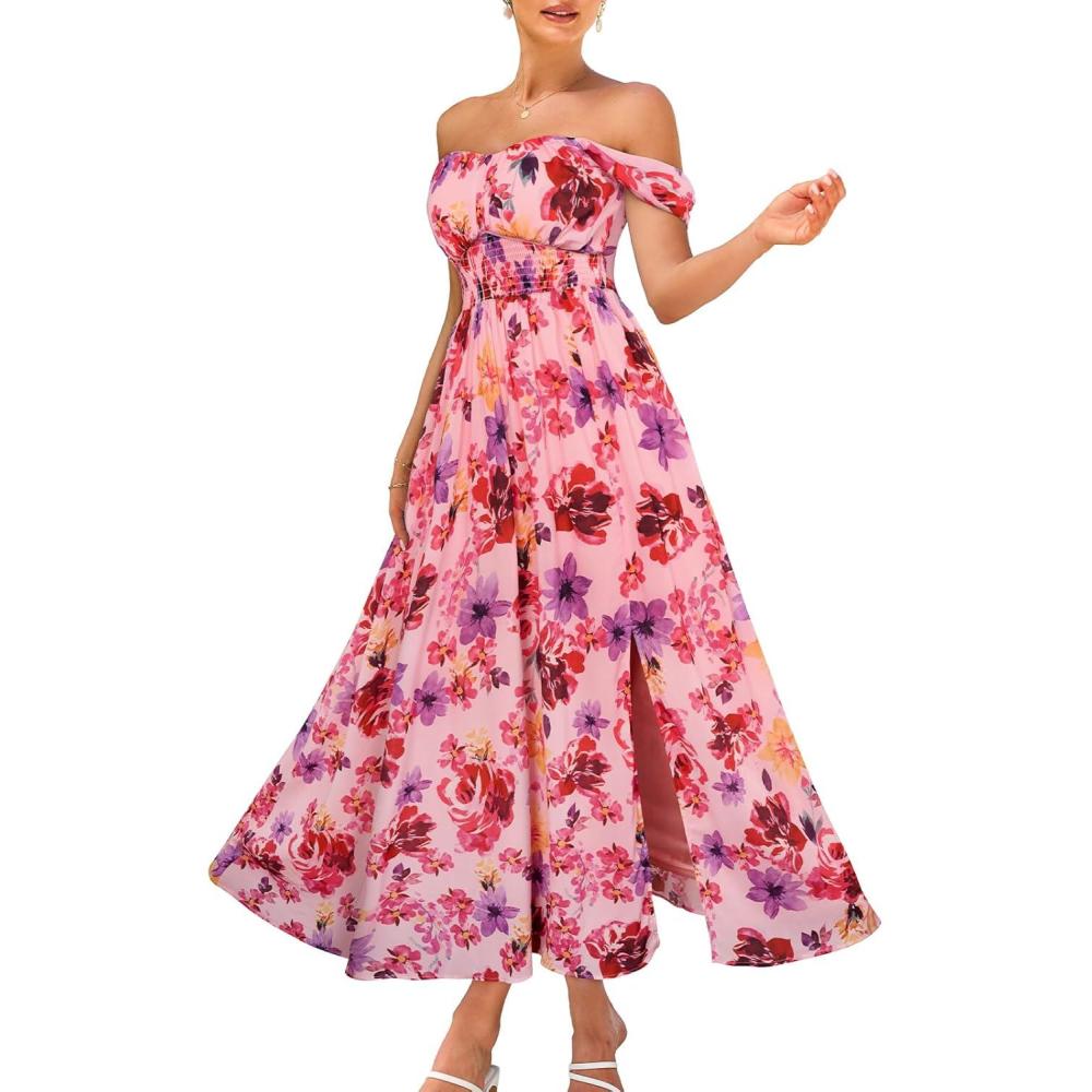 imageGRACE KARIN 2026 Womens Summer Floral Wedding Guest DressBeach Flowy A Line Maxi Off Shoulder Bridesmaid DressesPurple Red