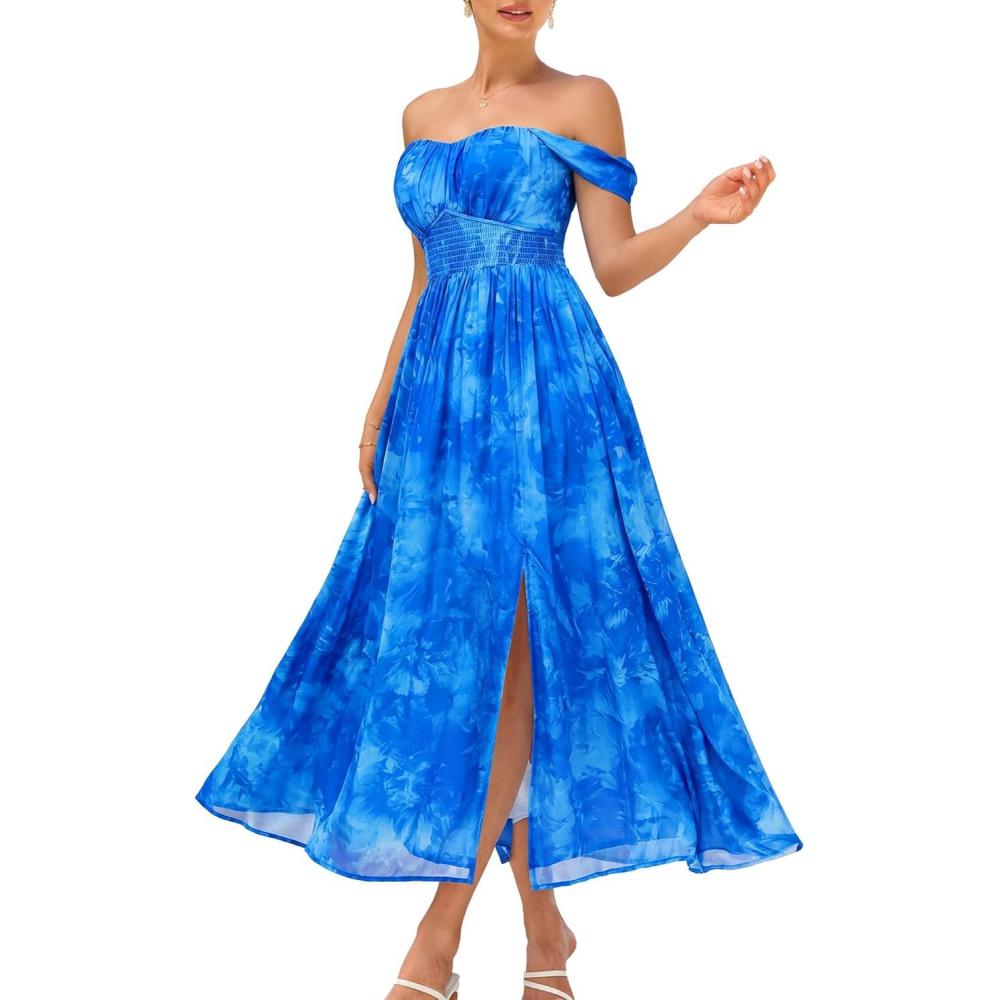 imageGRACE KARIN 2026 Womens Summer Floral Wedding Guest DressBeach Flowy A Line Maxi Off Shoulder Bridesmaid DressesRoyal Blue Floral