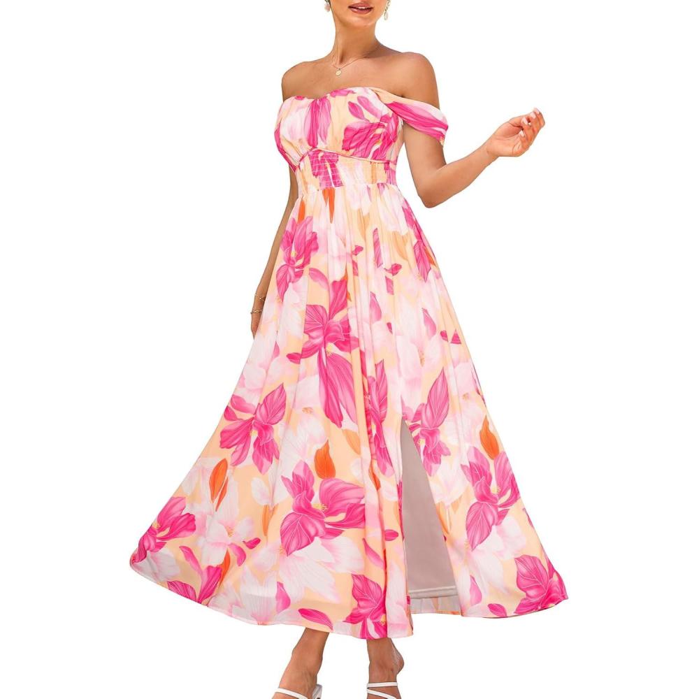 imageGRACE KARIN 2026 Womens Summer Floral Wedding Guest DressBeach Flowy A Line Maxi Off Shoulder Bridesmaid DressesWhite Rose Red