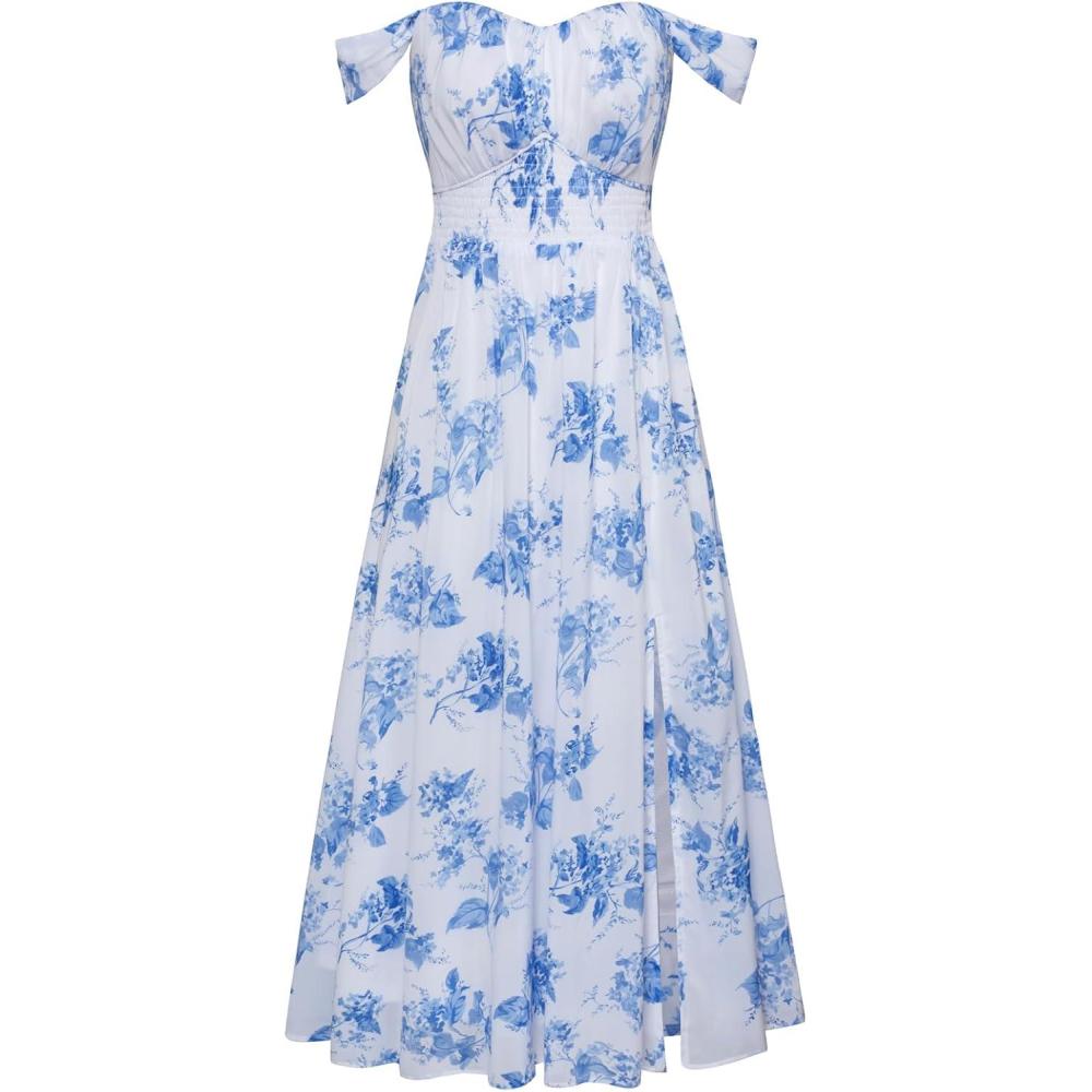imageGRACE KARIN 2026 Womens Summer Floral Wedding Guest DressBeach Flowy A Line Maxi Off Shoulder Bridesmaid DressesWhiteblue Floral