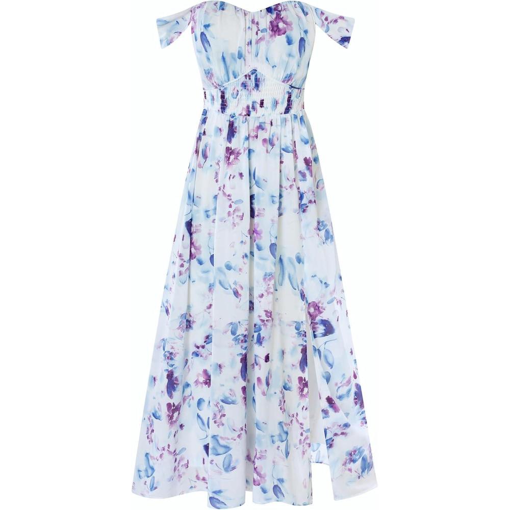 imageGRACE KARIN 2026 Womens Summer Floral Wedding Guest DressBeach Flowy A Line Maxi Off Shoulder Bridesmaid DressesWhitepurple