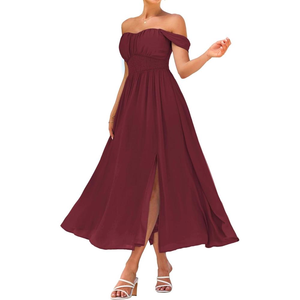 imageGRACE KARIN 2026 Womens Summer Floral Wedding Guest DressBeach Flowy A Line Maxi Off Shoulder Bridesmaid DressesWine Red