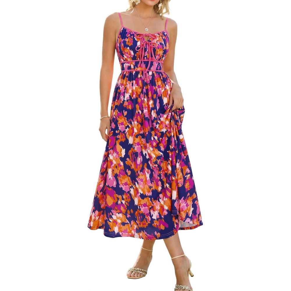 imageGRACE KARIN 2026 Womens Summer Maxi Floral Dress Spaghetti Strap Tie Front Boho Sundress with PocketsBlue Red Floral