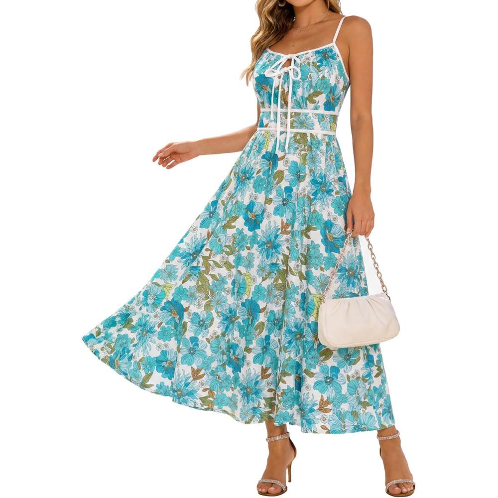 imageGRACE KARIN 2026 Womens Summer Maxi Floral Dress Spaghetti Strap Tie Front Boho Sundress with PocketsGreen