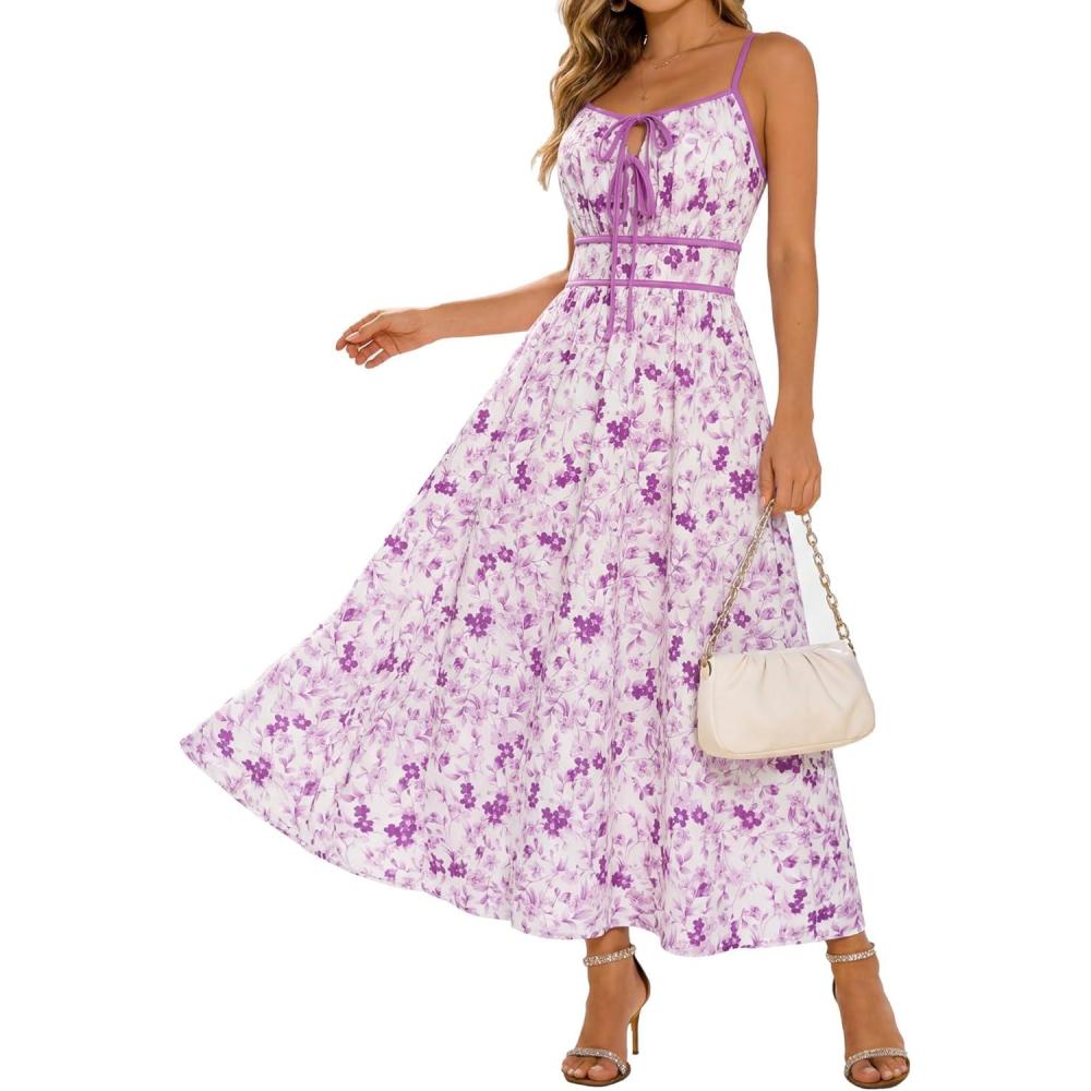 imageGRACE KARIN 2026 Womens Summer Maxi Floral Dress Spaghetti Strap Tie Front Boho Sundress with PocketsPurple