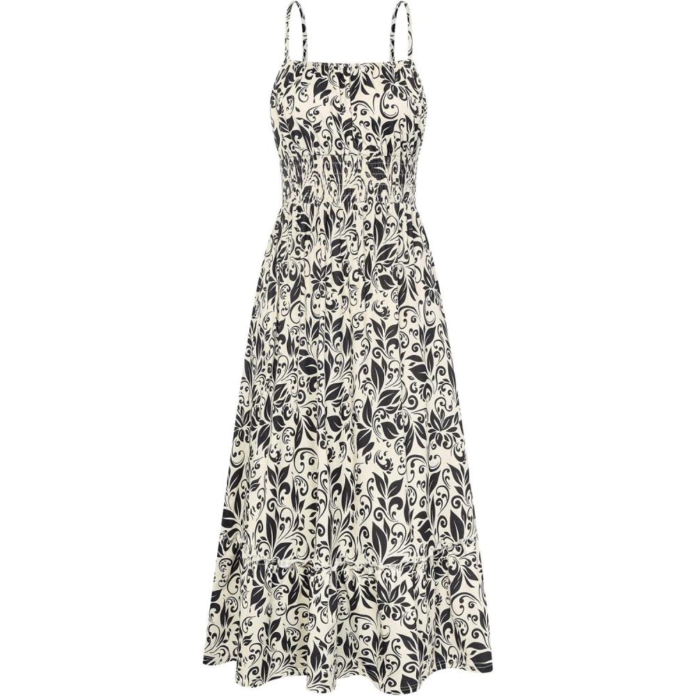 imageGRACE KARIN Summer Dresses for Women 2026 VacationSmocked Floral Maxi DressBoho Beach Sundress with Pocket Fashion ClothingBeige Black