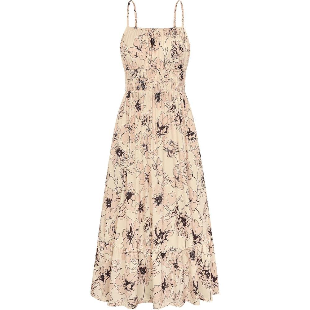 imageGRACE KARIN Summer Dresses for Women 2026 VacationSmocked Floral Maxi DressBoho Beach Sundress with Pocket Fashion ClothingBeige Flower