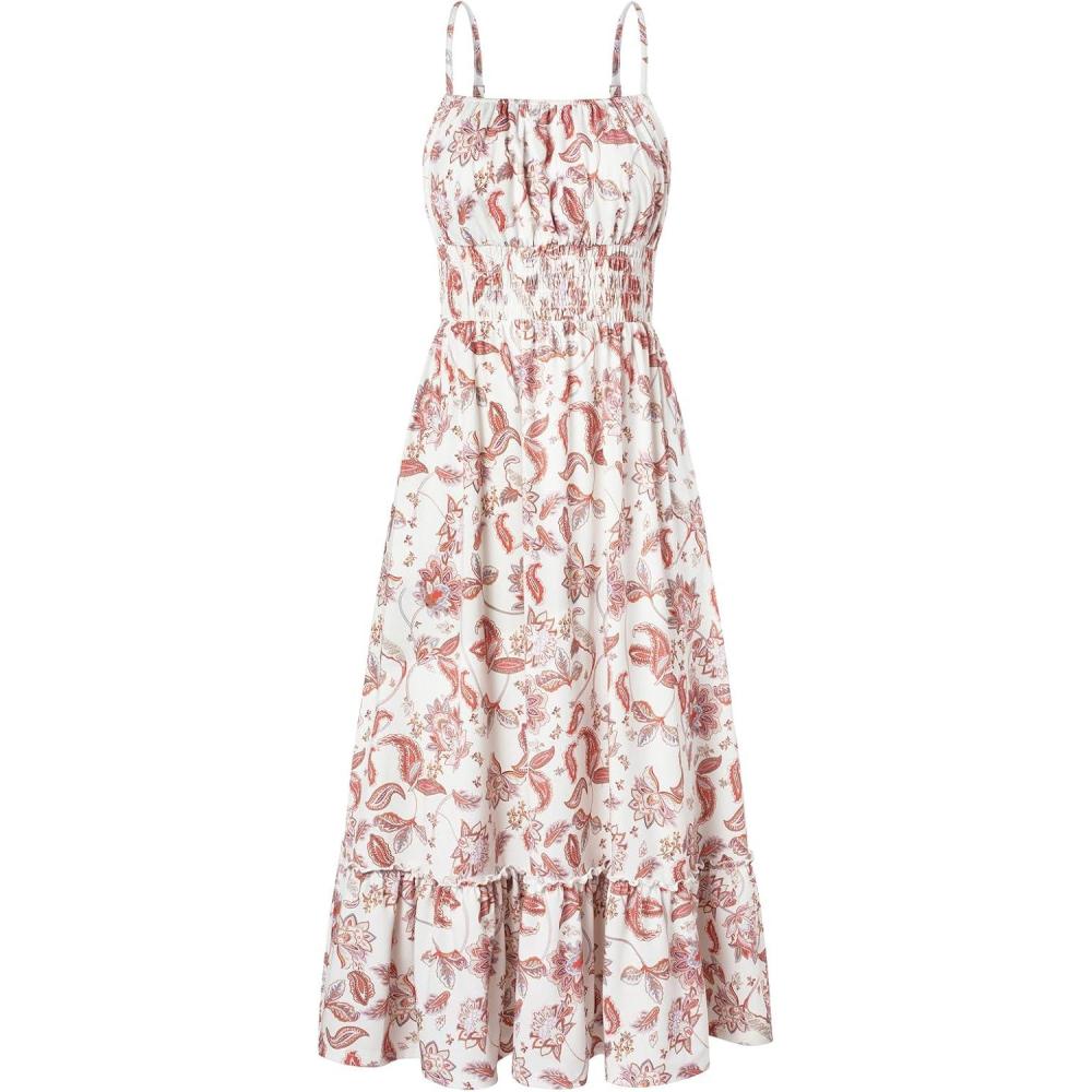 imageGRACE KARIN Summer Dresses for Women 2026 VacationSmocked Floral Maxi DressBoho Beach Sundress with Pocket Fashion ClothingBeige Vine