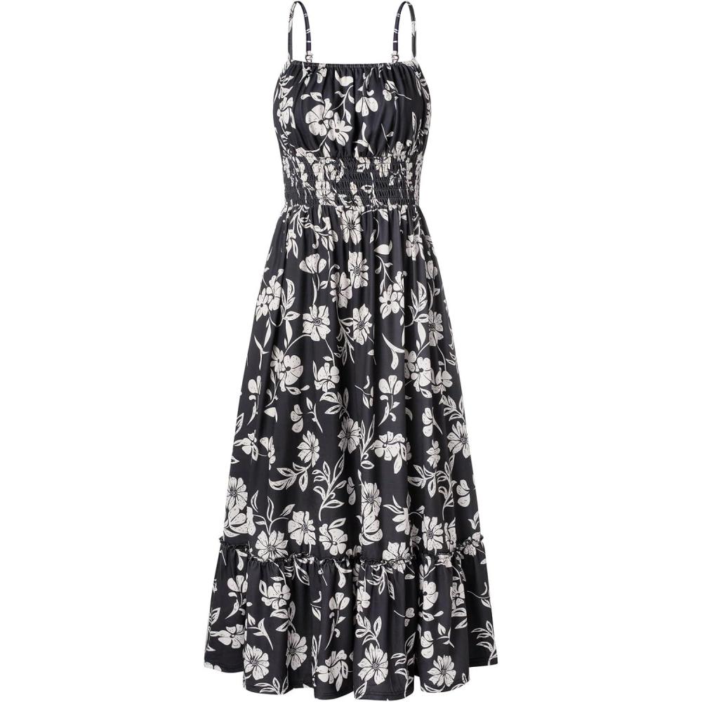 imageGRACE KARIN Summer Dresses for Women 2026 VacationSmocked Floral Maxi DressBoho Beach Sundress with Pocket Fashion ClothingBlack Vine