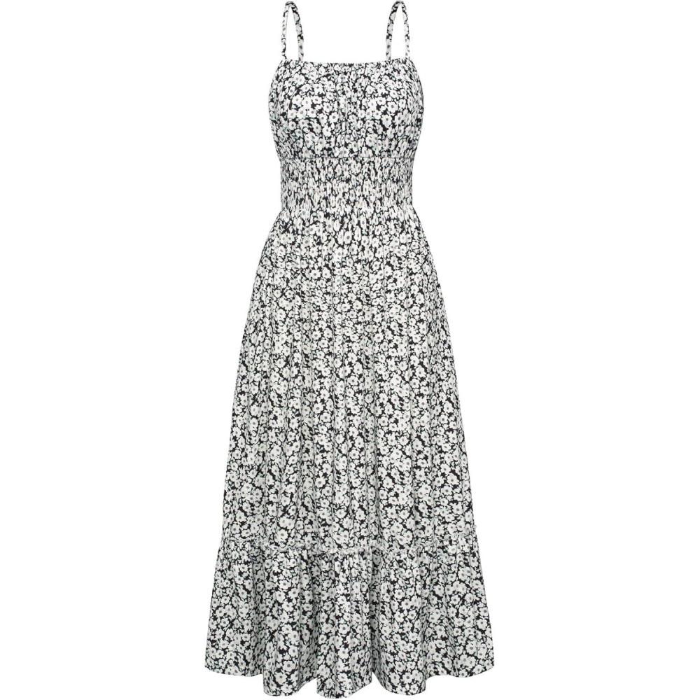 imageGRACE KARIN Summer Dresses for Women 2026 VacationSmocked Floral Maxi DressBoho Beach Sundress with Pocket Fashion ClothingBlack White Foral
