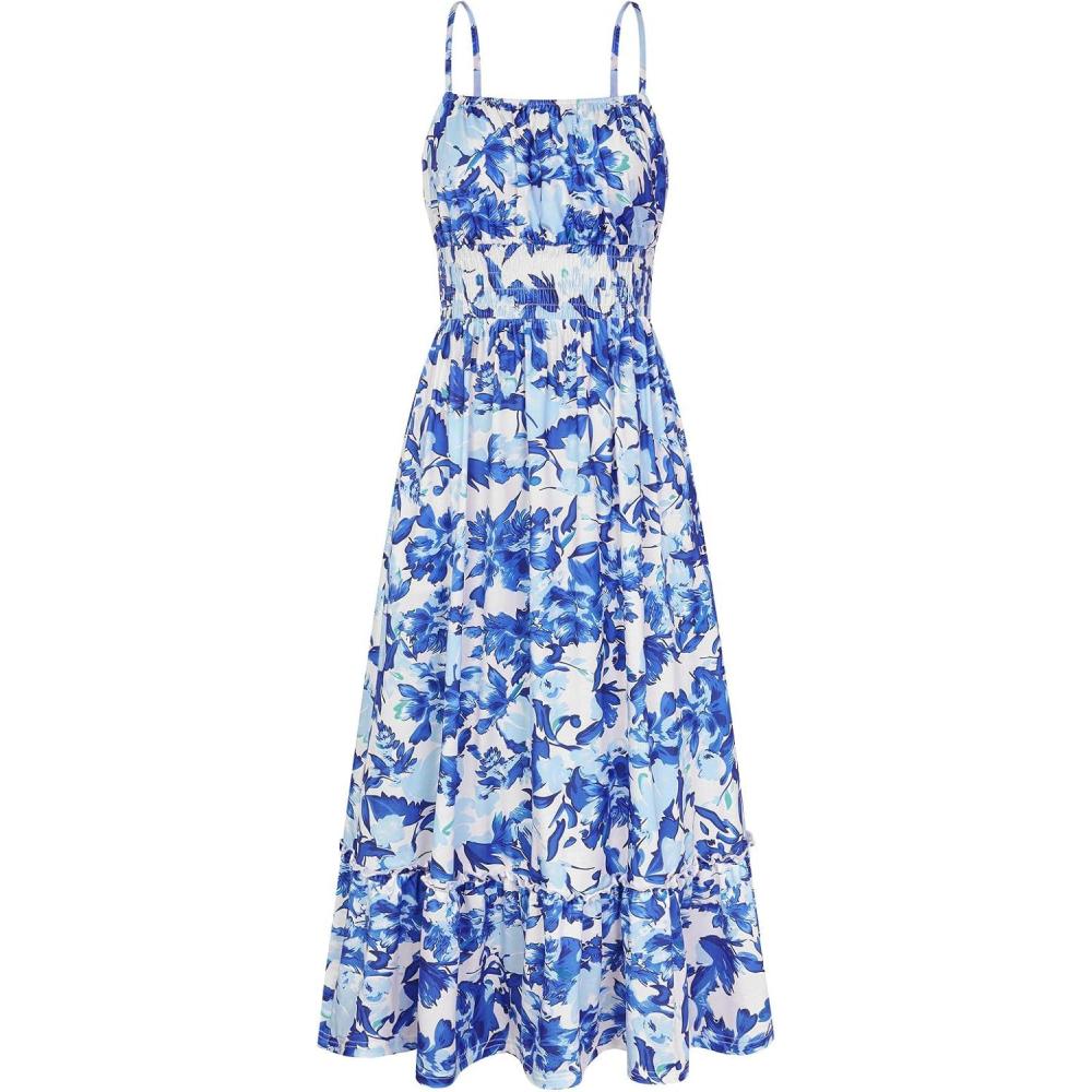 imageGRACE KARIN Summer Dresses for Women 2026 VacationSmocked Floral Maxi DressBoho Beach Sundress with Pocket Fashion ClothingBlue