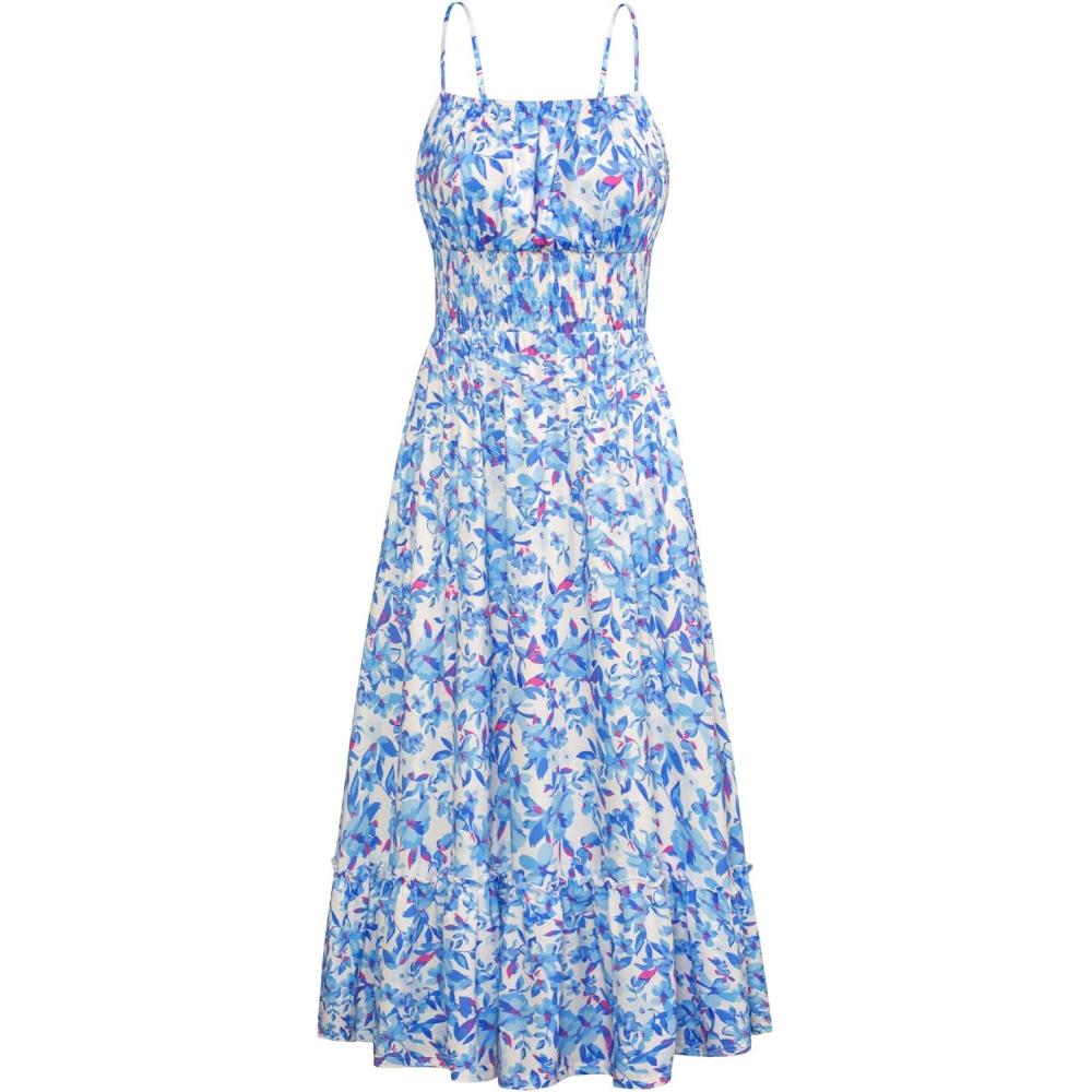 imageGRACE KARIN Summer Dresses for Women 2026 VacationSmocked Floral Maxi DressBoho Beach Sundress with Pocket Fashion ClothingBlue Floral Bright