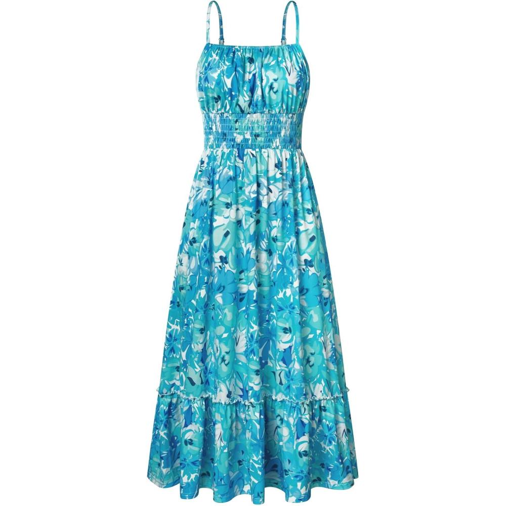 imageGRACE KARIN Summer Dresses for Women 2026 VacationSmocked Floral Maxi DressBoho Beach Sundress with Pocket Fashion ClothingBlue Green