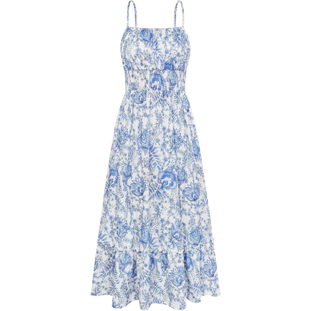 imageGRACE KARIN Summer Dresses for Women 2026 VacationSmocked Floral Maxi DressBoho Beach Sundress with Pocket Fashion ClothingBlue White