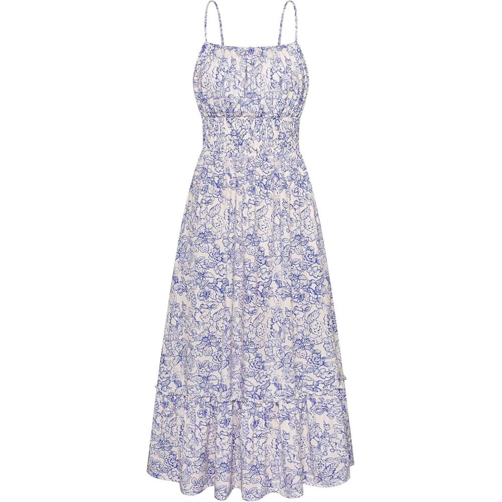imageGRACE KARIN Summer Dresses for Women 2026 VacationSmocked Floral Maxi DressBoho Beach Sundress with Pocket Fashion ClothingBlue White Floral