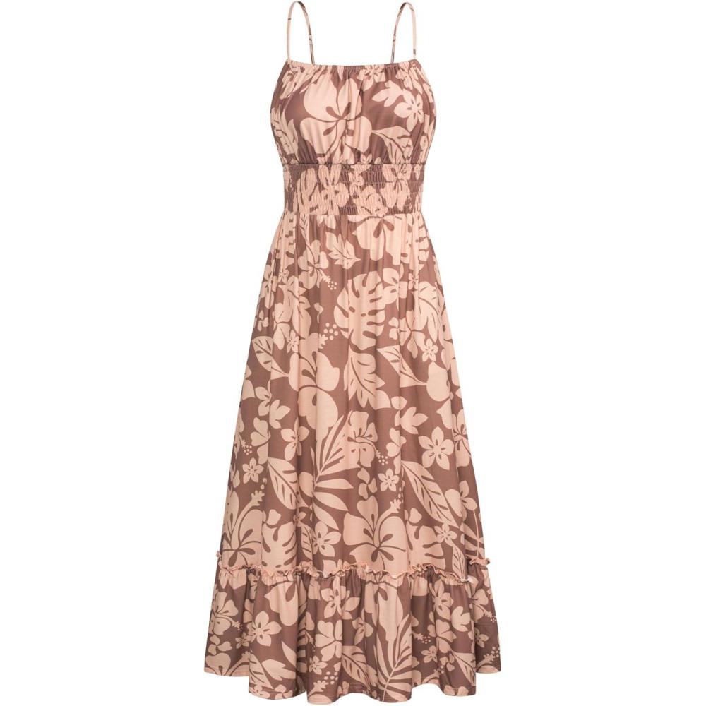 imageGRACE KARIN Summer Dresses for Women 2026 VacationSmocked Floral Maxi DressBoho Beach Sundress with Pocket Fashion ClothingCoffee Floral