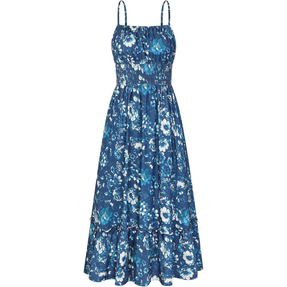 imageGRACE KARIN Summer Dresses for Women 2026 VacationSmocked Floral Maxi DressBoho Beach Sundress with Pocket Fashion ClothingDark Blue