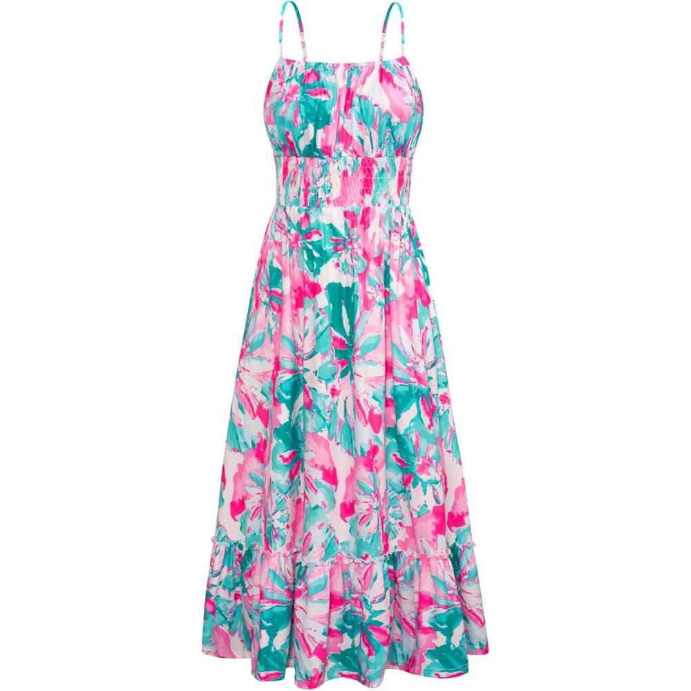 imageGRACE KARIN Summer Dresses for Women 2026 VacationSmocked Floral Maxi DressBoho Beach Sundress with Pocket Fashion ClothingGreen Pink Floral