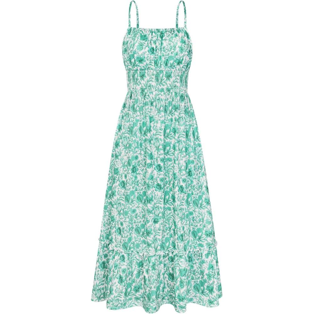 imageGRACE KARIN Summer Dresses for Women 2026 VacationSmocked Floral Maxi DressBoho Beach Sundress with Pocket Fashion ClothingGreen Vine
