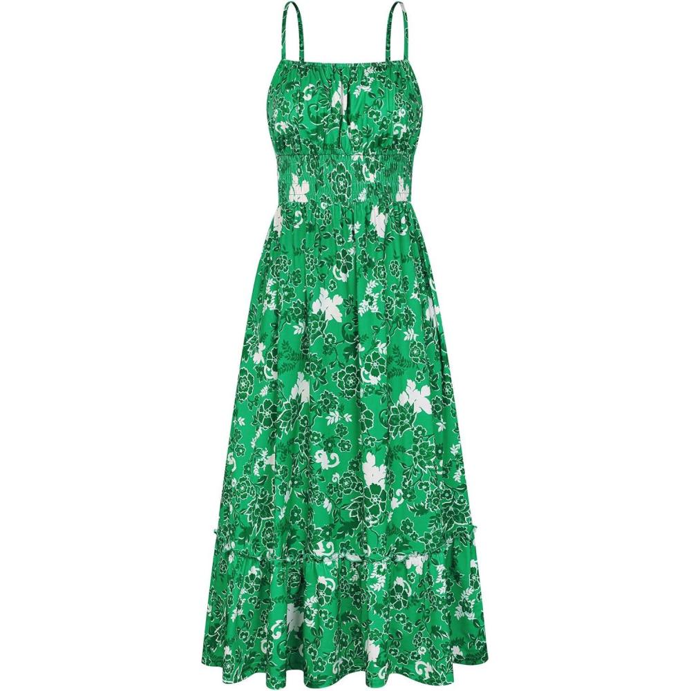 imageGRACE KARIN Summer Dresses for Women 2026 VacationSmocked Floral Maxi DressBoho Beach Sundress with Pocket Fashion ClothingGreen White