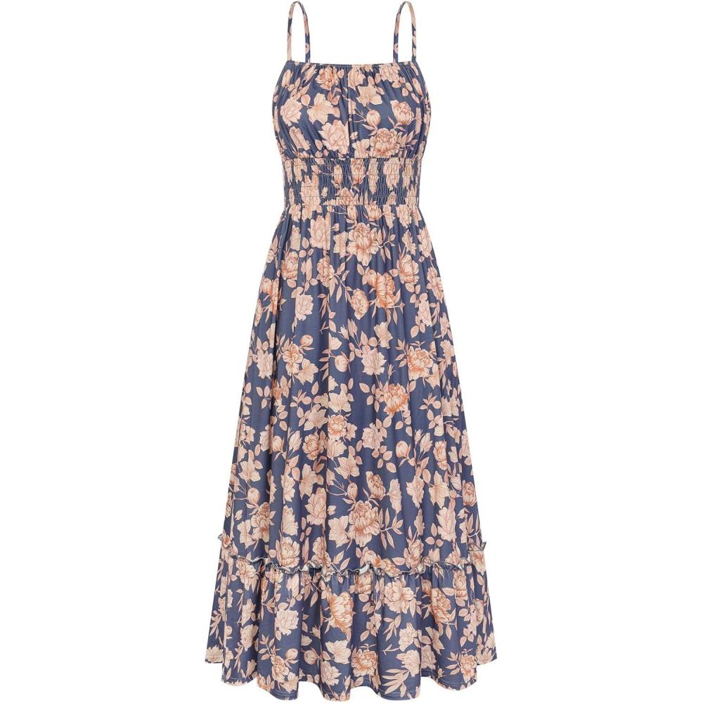 imageGRACE KARIN Summer Dresses for Women 2026 VacationSmocked Floral Maxi DressBoho Beach Sundress with Pocket Fashion ClothingNavy Blue Floral