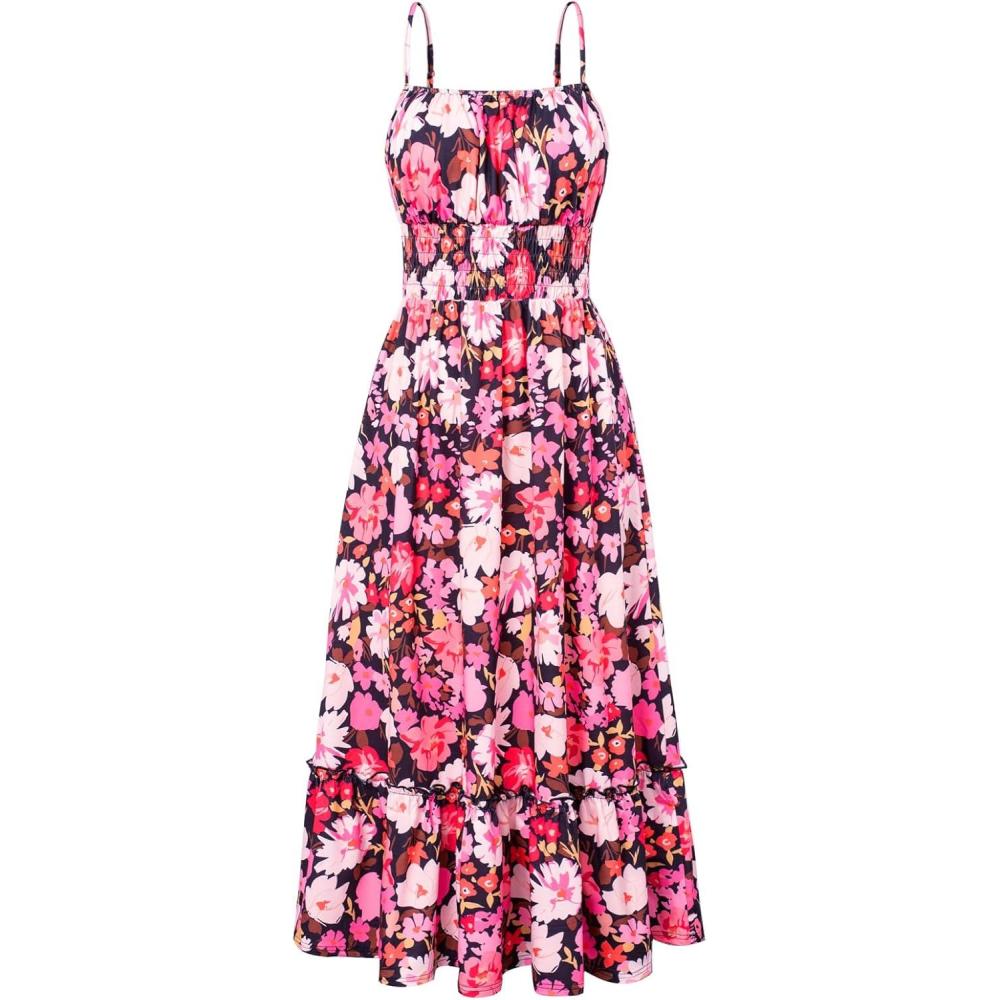 imageGRACE KARIN Summer Dresses for Women 2026 VacationSmocked Floral Maxi DressBoho Beach Sundress with Pocket Fashion ClothingPurple Black Floral