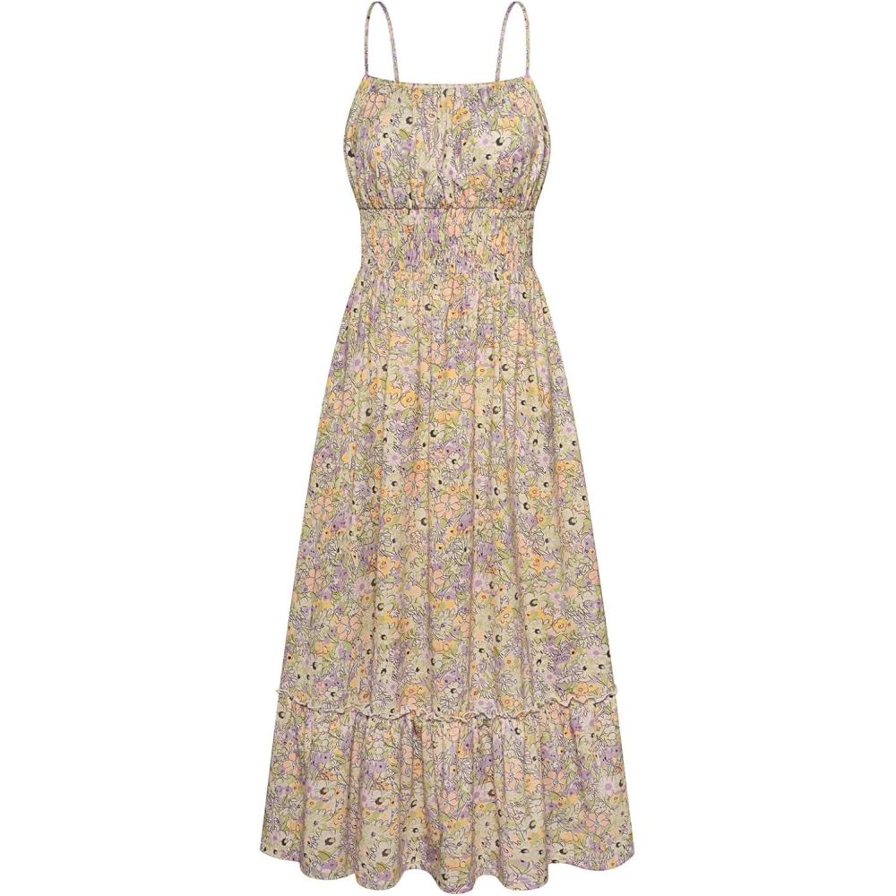 imageGRACE KARIN Summer Dresses for Women 2026 VacationSmocked Floral Maxi DressBoho Beach Sundress with Pocket Fashion ClothingPurple Green Floral
