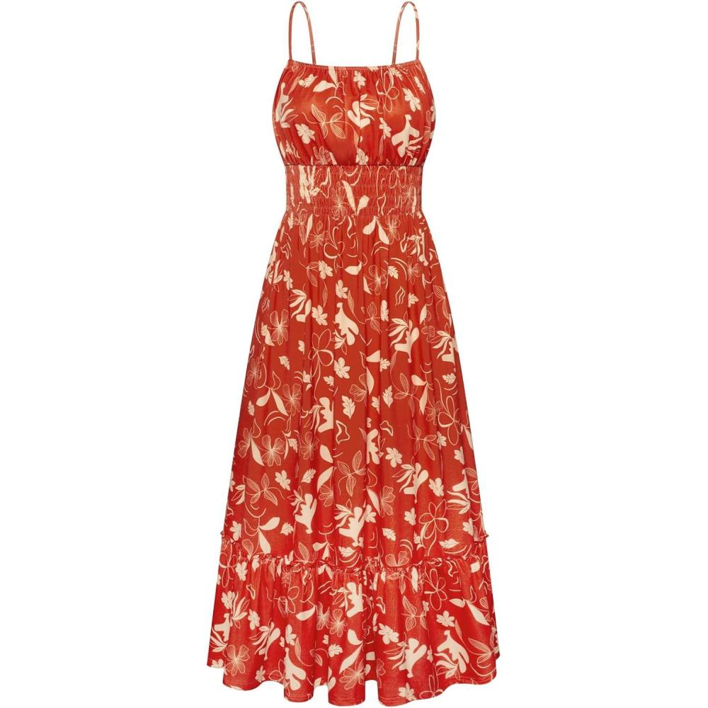 imageGRACE KARIN Summer Dresses for Women 2026 VacationSmocked Floral Maxi DressBoho Beach Sundress with Pocket Fashion ClothingRed Yellow Floral