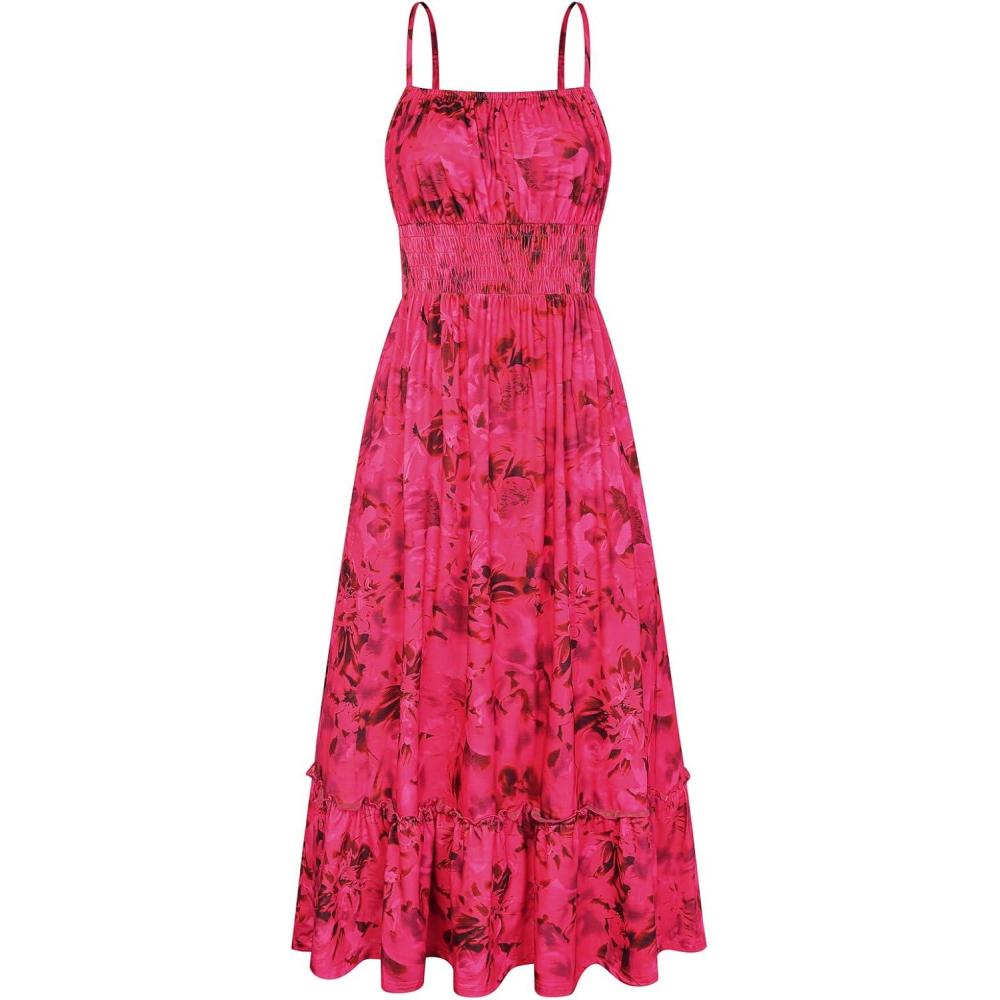 imageGRACE KARIN Summer Dresses for Women 2026 VacationSmocked Floral Maxi DressBoho Beach Sundress with Pocket Fashion ClothingRose Red