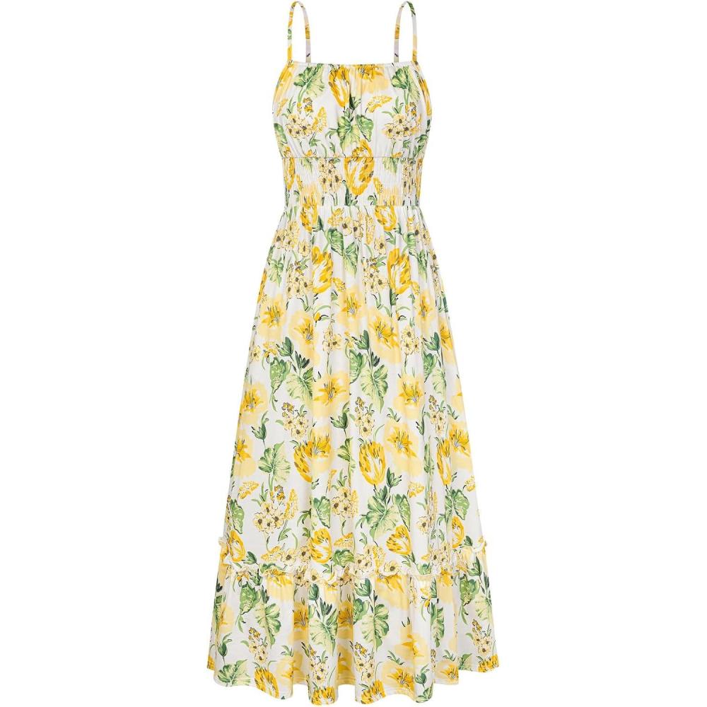imageGRACE KARIN Summer Dresses for Women 2026 VacationSmocked Floral Maxi DressBoho Beach Sundress with Pocket Fashion ClothingYellow White