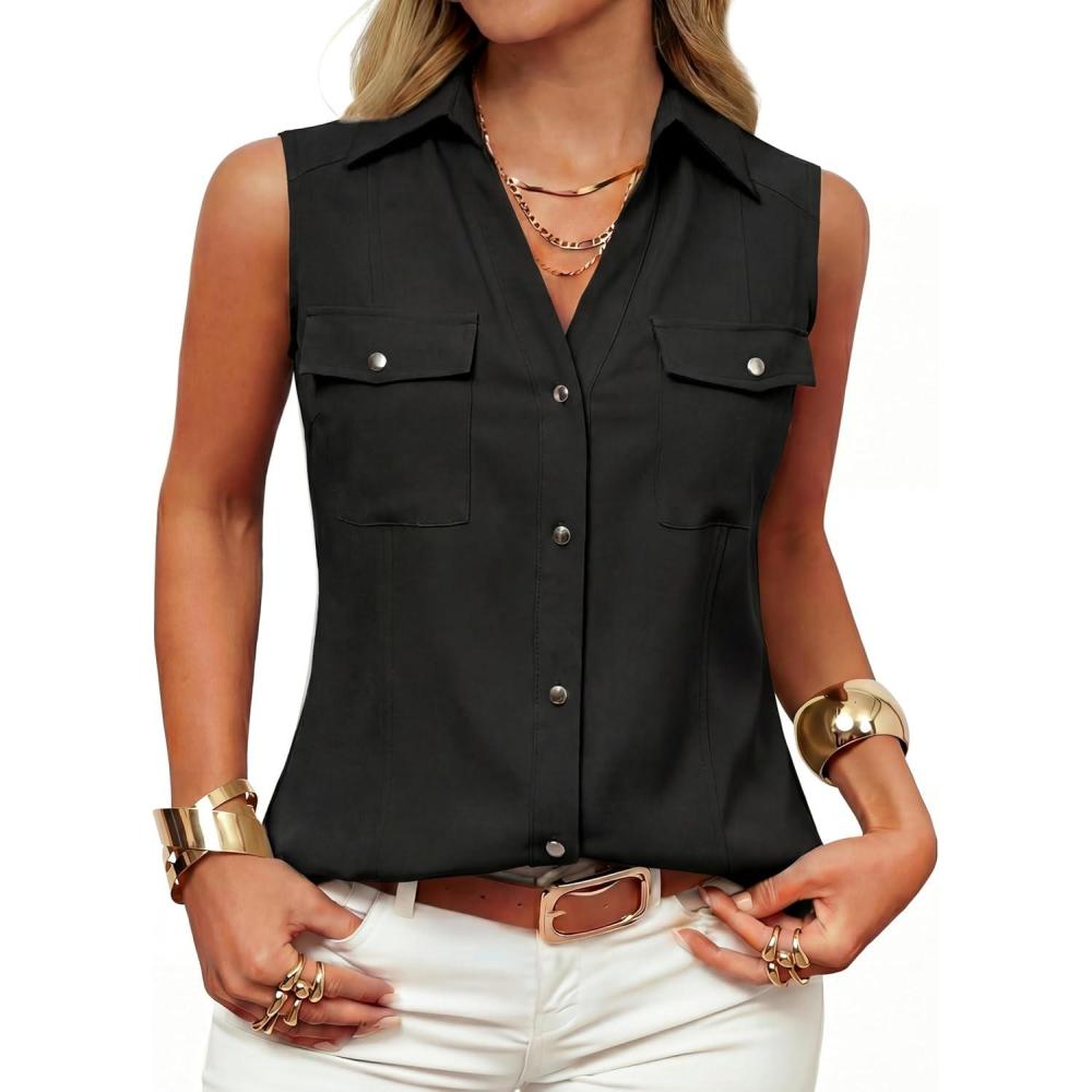 imageGRACE KARIN Women Sleeveless Button Down Shirts Summer Solid Dressy Casual Blouse V Neck Tank Top Business Work 2026 TrendyBlack