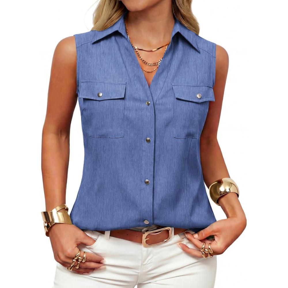 imageGRACE KARIN Women Sleeveless Button Down Shirts Summer Solid Dressy Casual Blouse V Neck Tank Top Business Work 2026 TrendyDark Denim Blue