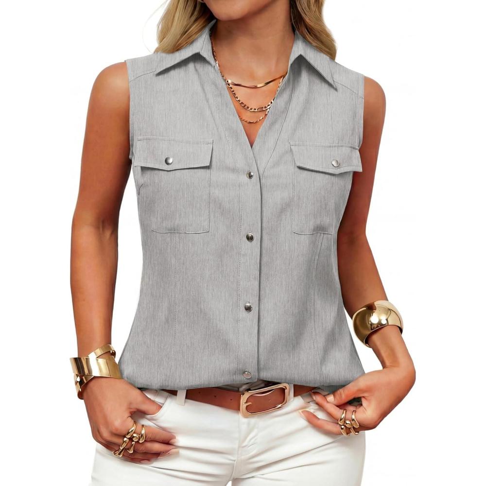 imageGRACE KARIN Women Sleeveless Button Down Shirts Summer Solid Dressy Casual Blouse V Neck Tank Top Business Work 2026 TrendyFlower Gray